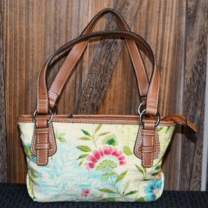 Vintage Fossil Floral Canvas & Leather Mini Bag